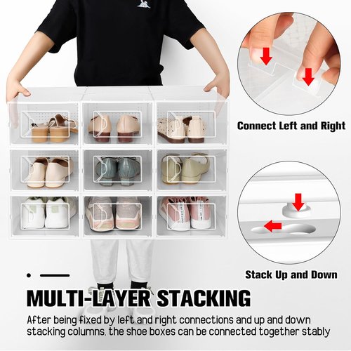 Kuject Shoe Storage Boxes - 15 Pack Large Clear Stackable Organizers for Closet | Drop Front Design, Fits Size 10 (White)
