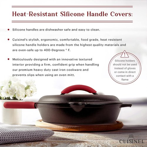 Cuisinel Cast Iron Skillet - 12-Inch Pre-Seasoned Frying Pan with Lid & Silicone Handle | Versatile Indoor/Outdoor Cookware