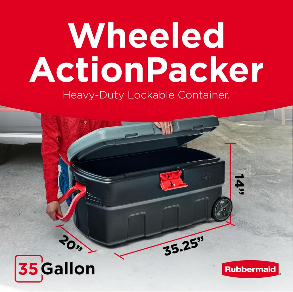 Rubbermaid ActionPacker 35 Gallon Storage Bin - Lockable, Durable Plastic with Wheels for Outdoor Gear | Gray & Black