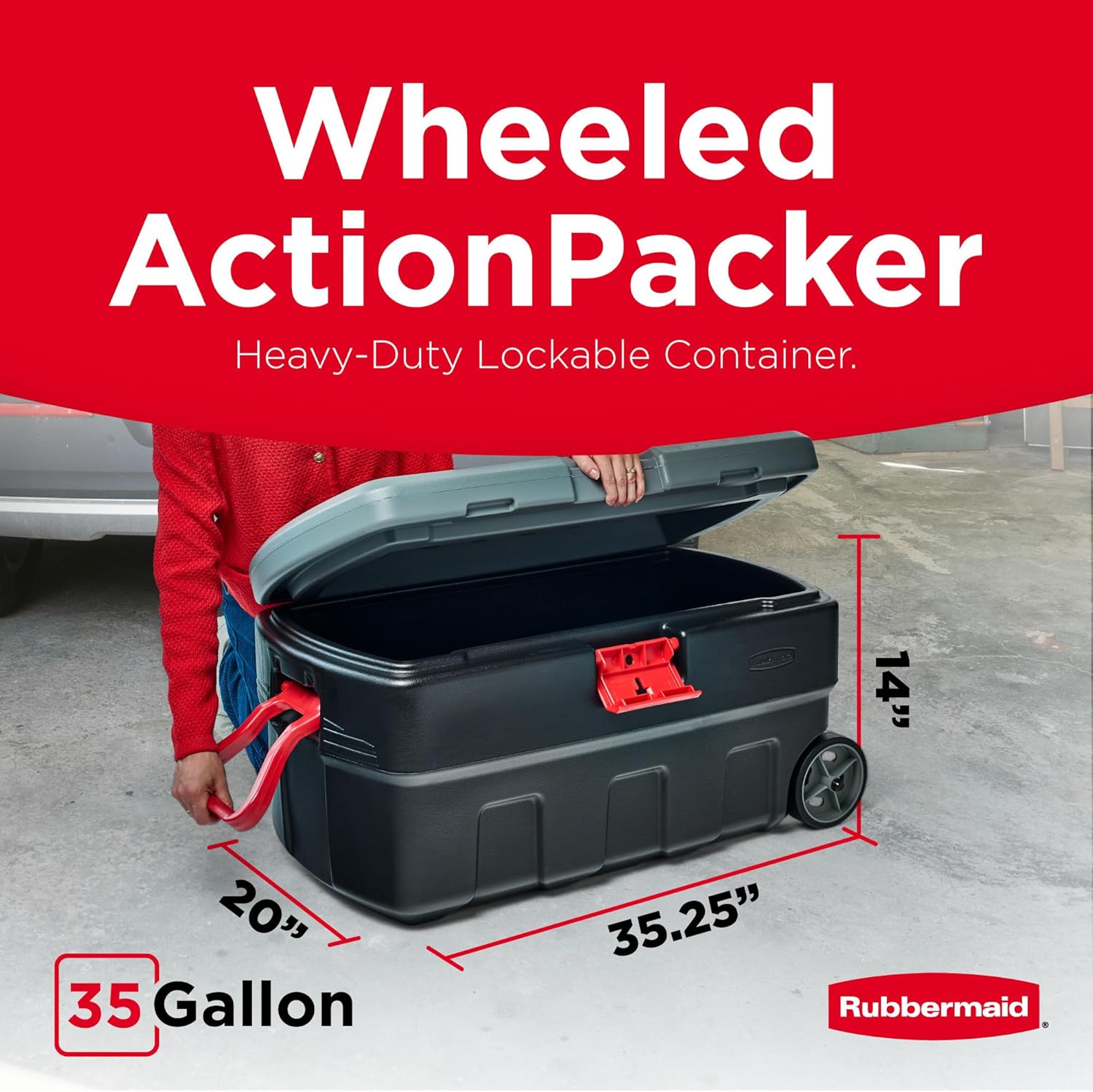 Rubbermaid ActionPacker 35 Gallon Storage Bin - Lockable, Durable Plastic with Wheels for Outdoor Gear | Gray & Black