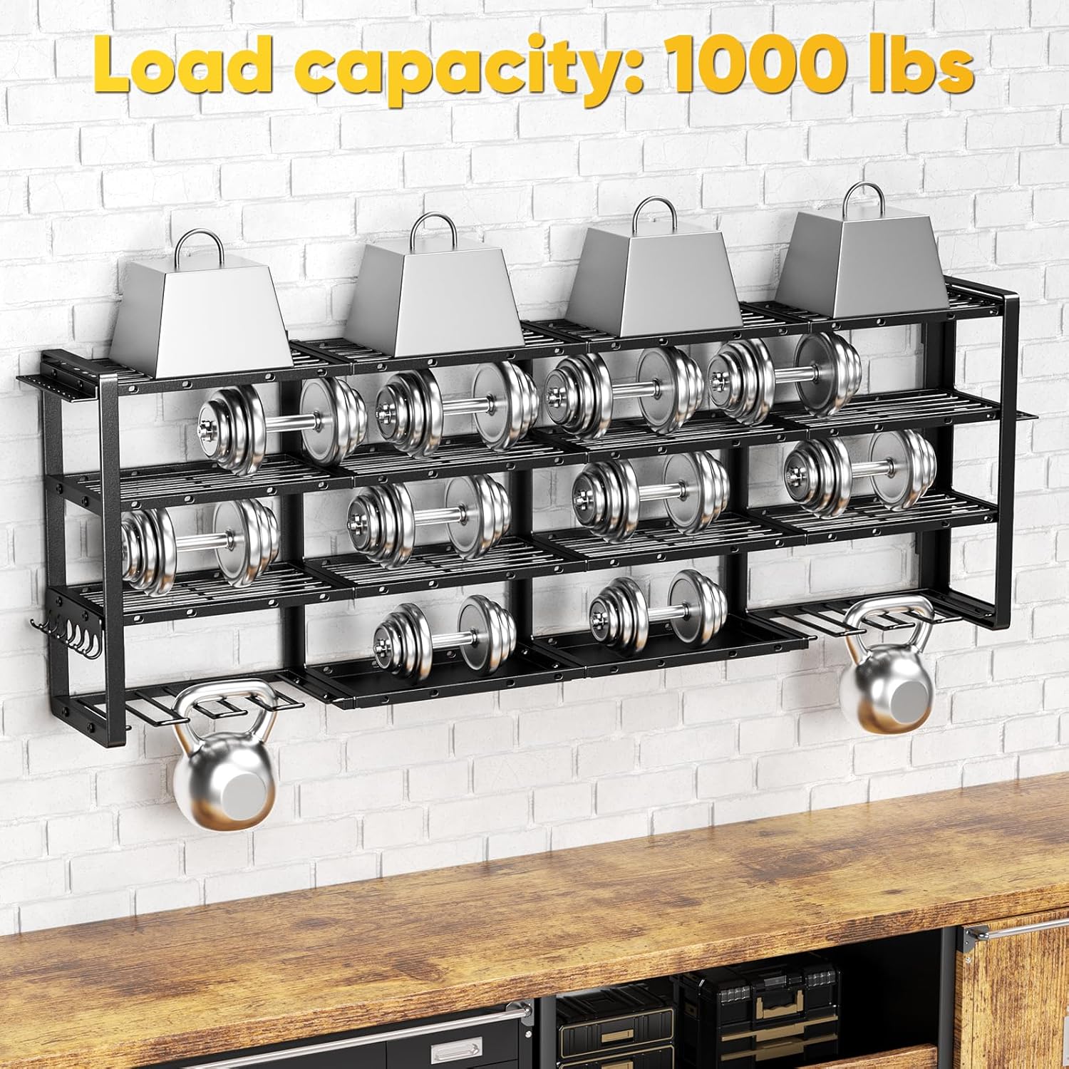 POKIPO Extra Large 64" Power Tool Organizer - Heavy Duty 4-Tier Garage Storage Rack with 8 Drill Holders | 1000 lbs Load Capacity