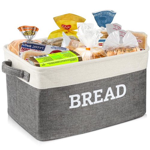 Lukeline Bread Storage Basket for Kitchen, Foldable Fabric Bread Keeper Bread Storage Container Bin with Handles, Bread Baskets for Kitchen Counter and Pantry (White & Grey)
