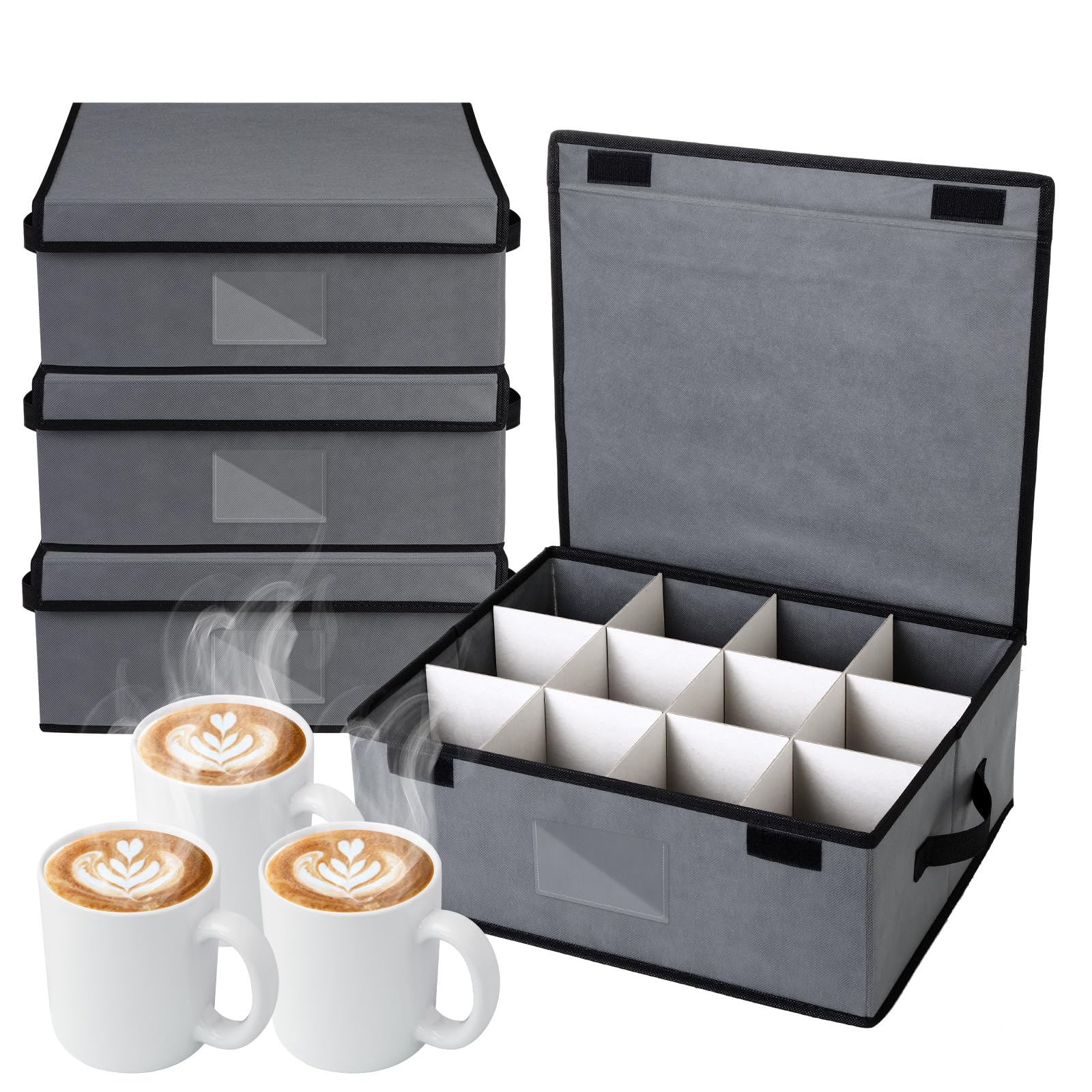 Suzile 4 Pack Cup and Mug Storage Box with Dividers Wine Glass Storage Box with Dividers, Lid and Handle, Holds 48 Coffee Mugs and Tea Cups for Glassware Protection Moving