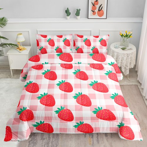 Datura home Kawaii Strawberry Comforter Bedding Set for Girls ,Pink Grid Pattern Bedding Set with 1 Comforter and 2 Pillowcases for Girls Bedroom All Season(Strawberry Full) Full 80x90inches
