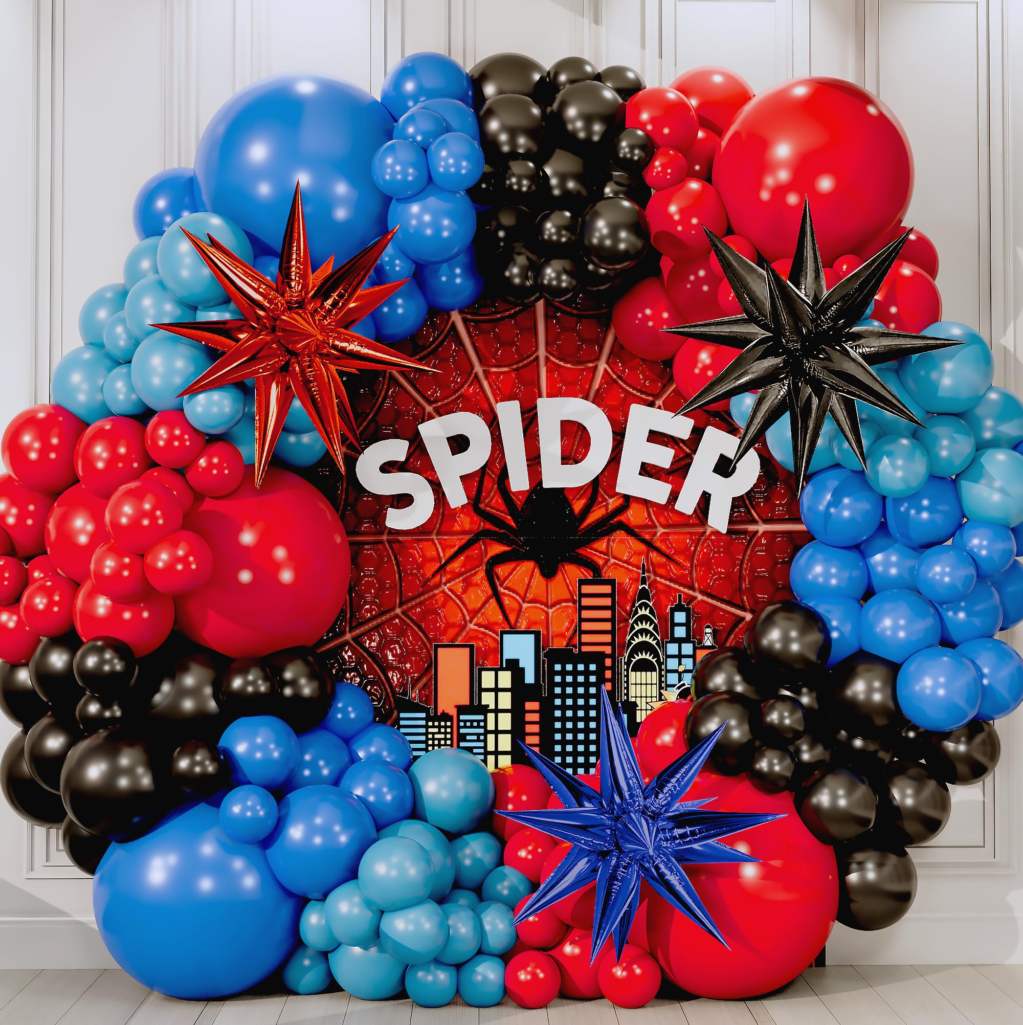 ALL-IN-1 Spider Balloon Arch Kit with BONUS Starburst for Spidy Birthday Decorations - Red Blue Spider Balloons for Spidy Man Party Decorations - Miles Birthday Decoration, Spidey Balloons