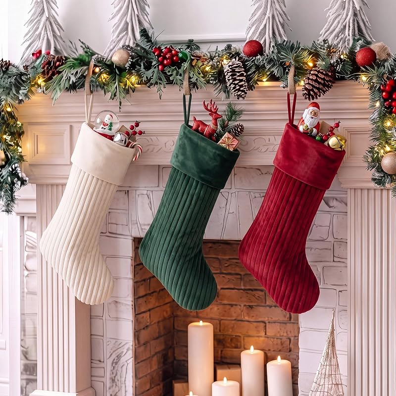 3 Christmas Stockings Set 19 Inch Velvet Quilted Stocking - Red Beige Green