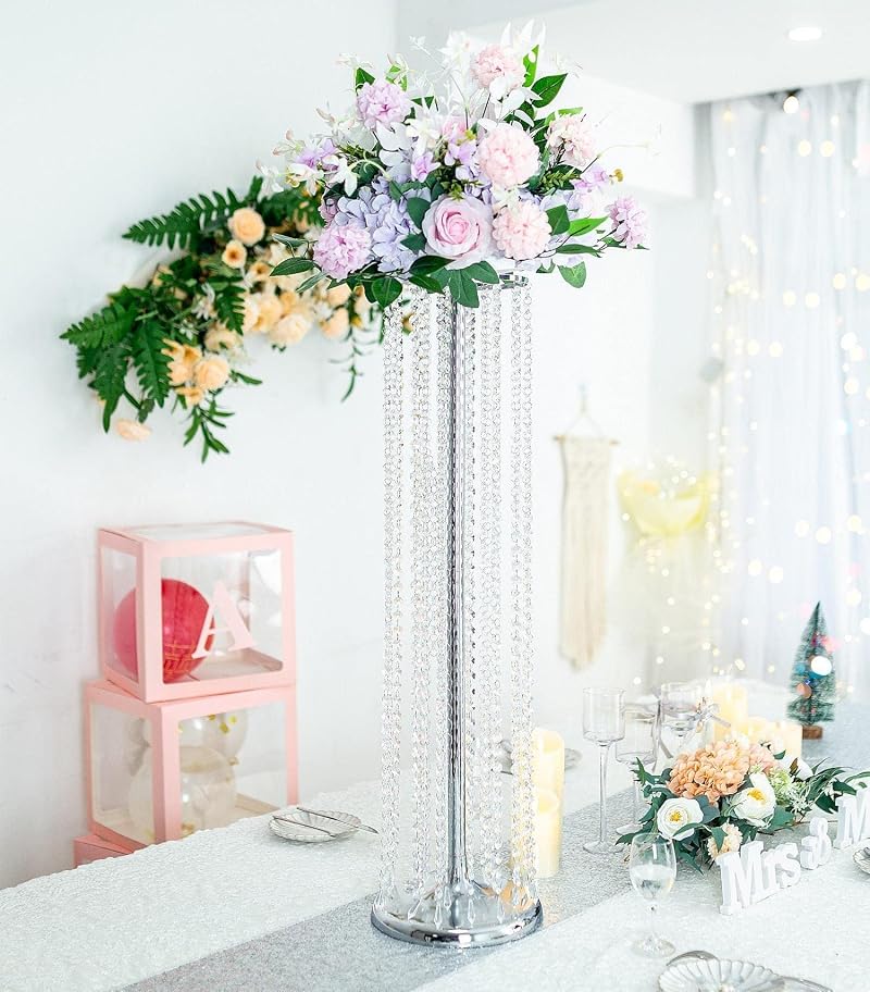 Silver Wedding Centerpiece Vases Set of 10 - 35.4in Tall Metal Acrylic Crystal Stands (Variation: Silver+10 Pc - 35.4inch)