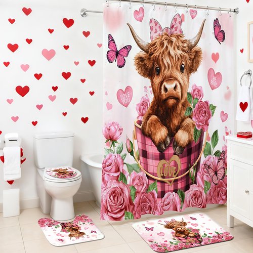 Valentines Shower Curtain Set Red Floral Sweet Love Hearts Shower Curtain with Non-Slip Bath Rugs, Toilet Lid Cover Cute Highland Cow Valentines Bathroom Decor Set (Pink, 72"W x 72"L (Pack of 1))