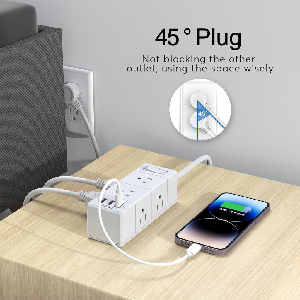 Tcstei 5Ft Outlet Extender Power Strip - Flat Plug Extension Cord with 6 Outlets & 3 USB Ports, White
