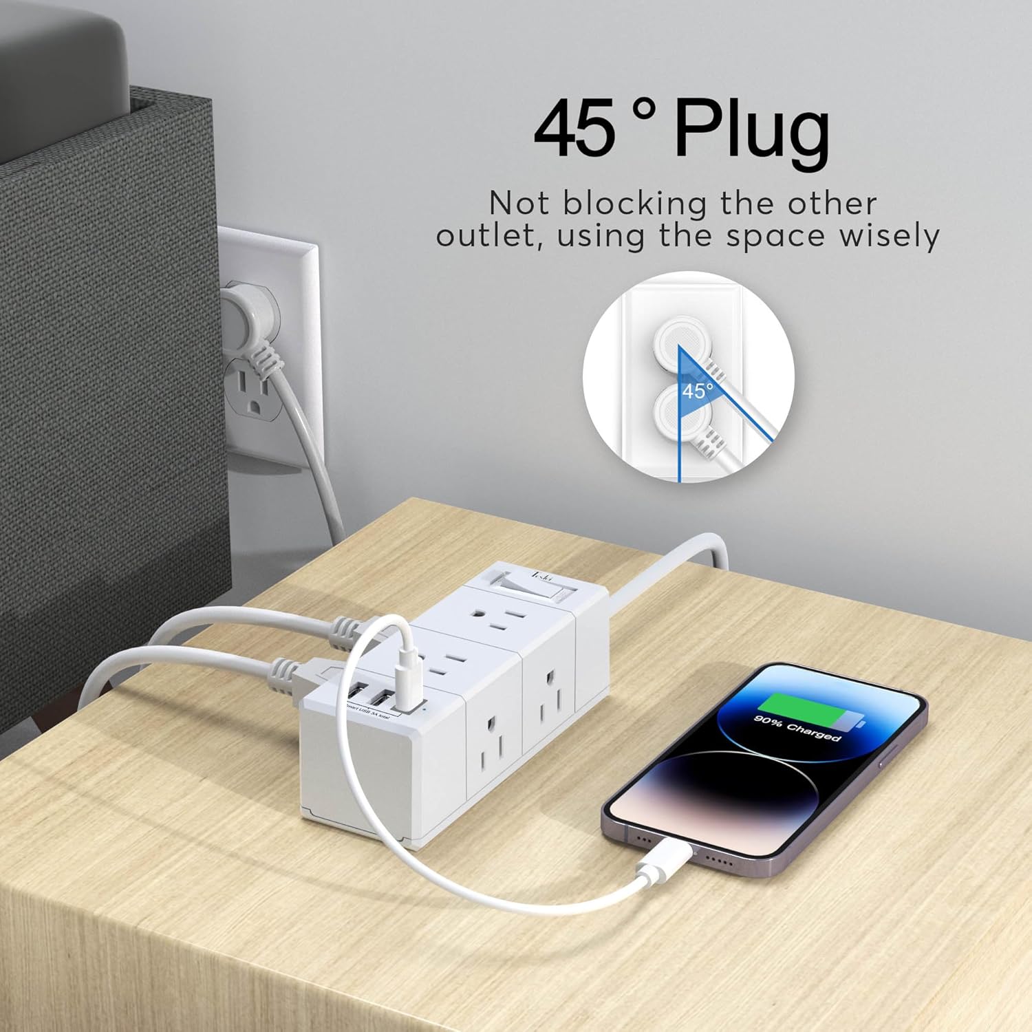 Tcstei 5Ft Outlet Extender Power Strip - Flat Plug Extension Cord with 6 Outlets & 3 USB Ports, White