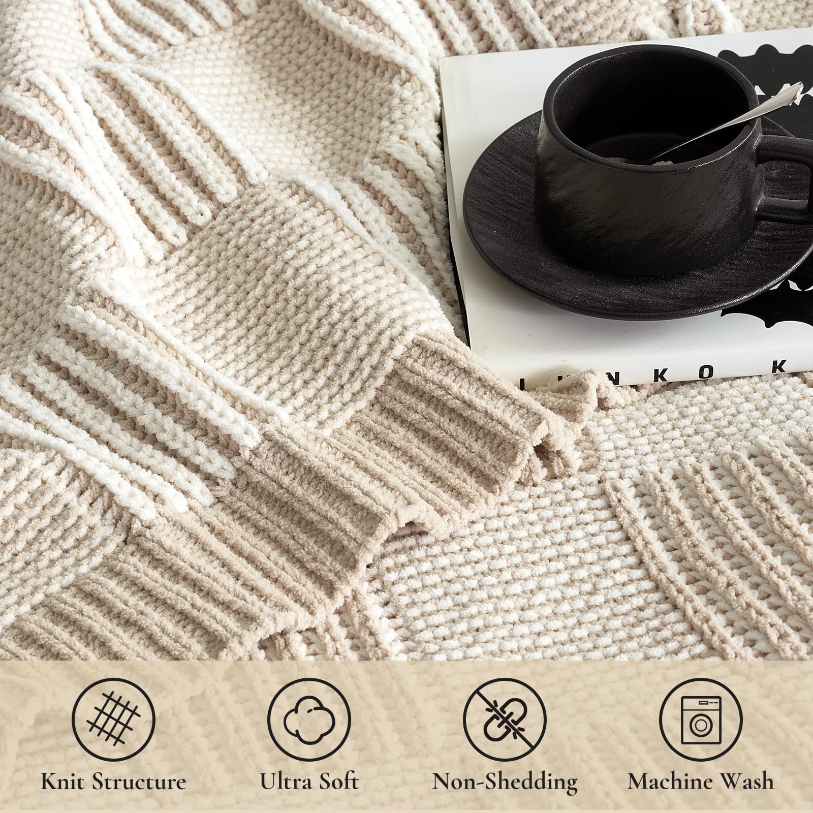 Amélie Home Knit Throw Blanket, Soft Chenille Cozy Breathable Dual Tone Checkered Chunky Decorative Blanket for Couch, Bed & Sofa, French-Inspired Lightweight Warm Gift for Women, Beige, 50"x60"