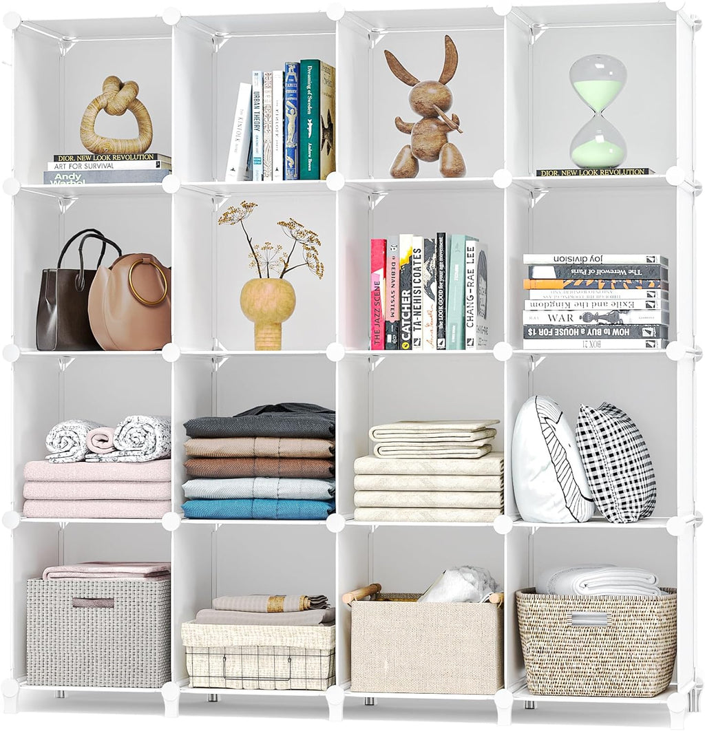 Neprock 16-Cubby Storage Organizer - Versatile Closet Shelves for Clothing & Books | White Finish