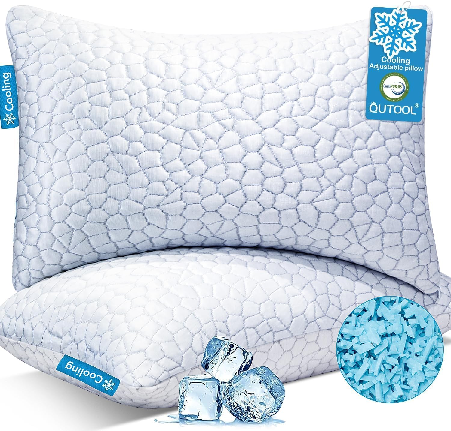 QUTOOL Cooling Pillow - CertiPUR-US Shredded Memory Foam | Adjustable Firmness for All Sleep Positions - Set of 2, White