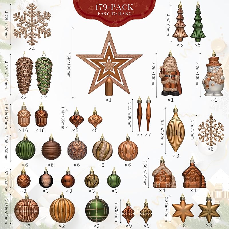 Earth Tone 179-Pack Christmas Tree Ornaments Set with Lanyard - Shatterproof Baubles & Snowmen, Santa, Pine Cones, Tree Topper