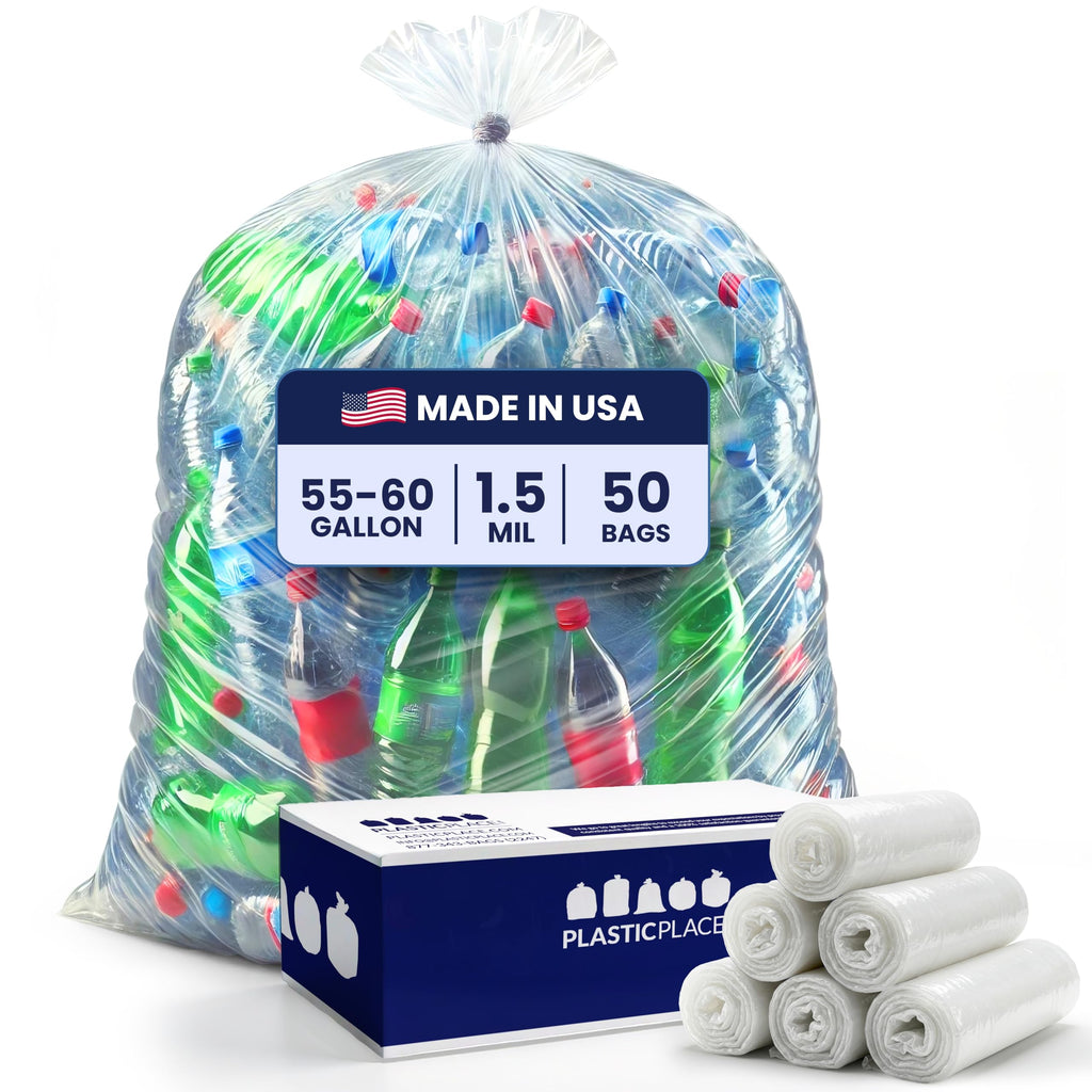 Plasticplace Heavy Duty 55-60 Gallon Trash Bags – Clear Garbage Can Liners (38” x 58”) – Durable Multiuse, Puncture-Resistant, 50 Count – Ideal for Kitchens, Warehouses and Recycling Trashbags 1.5 Mil
