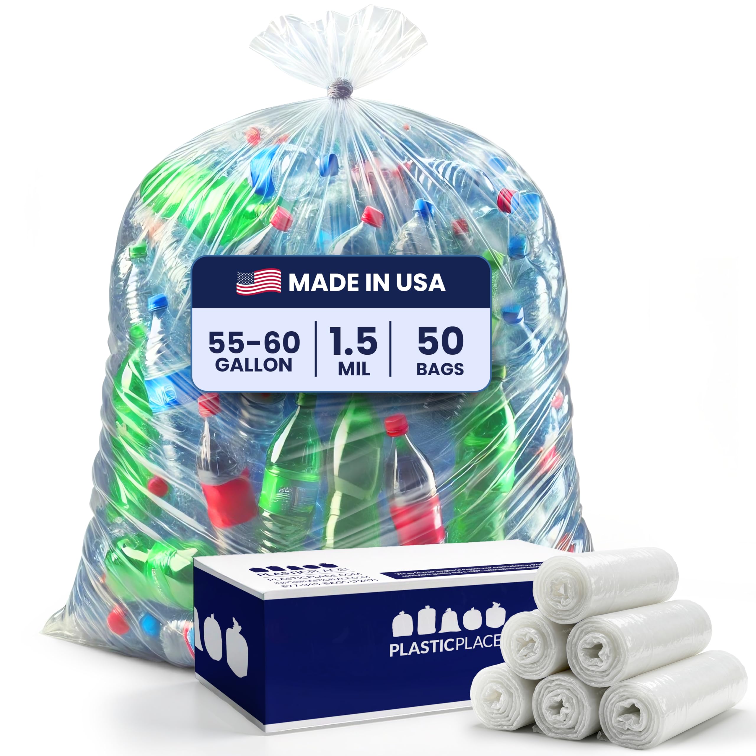 Plasticplace Heavy Duty 55-60 Gallon Trash Bags – Clear Garbage Can Liners (38” x 58”) – Durable Multiuse, Puncture-Resistant, 50 Count – Ideal for Kitchens, Warehouses and Recycling Trashbags 1.5 Mil