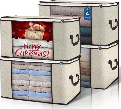 90L Large Storage Bags by [Brand Name] - Foldable Closet Organizers with Reinforced Handles | Beige, 4 Pack for Clothes, Blankets, and Toys