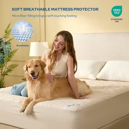 BEDLORE Waterproof Mattress Protector - Soft Breathable Full Size Pad for Deep Pocket Beds (Beige)