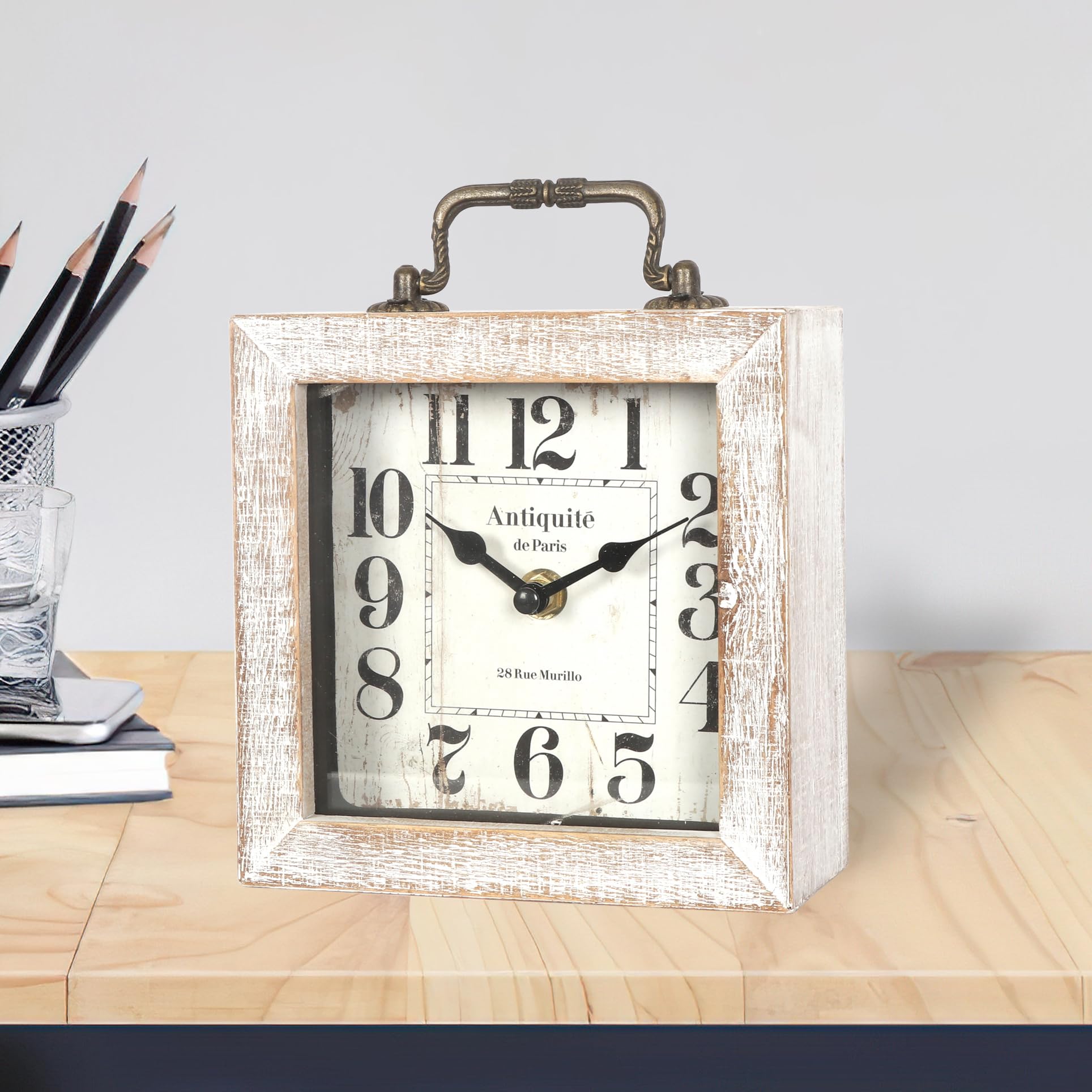 BITALYE Retro Desk Clock, White Vintage Wooden Table Clock,