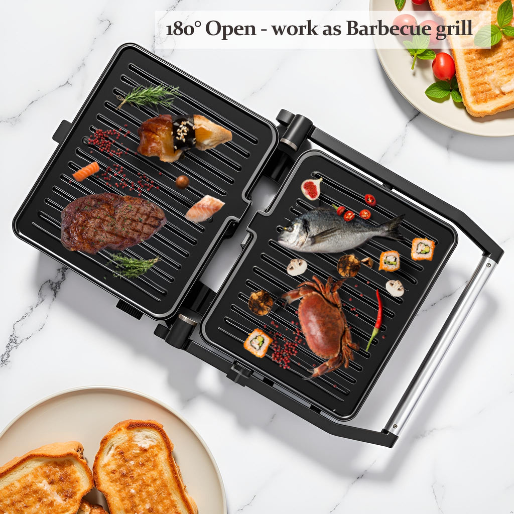 MUBENLIFE Panini Press,Sandwich Press Grill,180 Degree Open,Perfect for Grilling Sandwich,Steak,Burger,Non-Stick Grill,Table Grill,Stainless Steel,Temperature Adjustable,4 Slice,Barbecue,GT49A