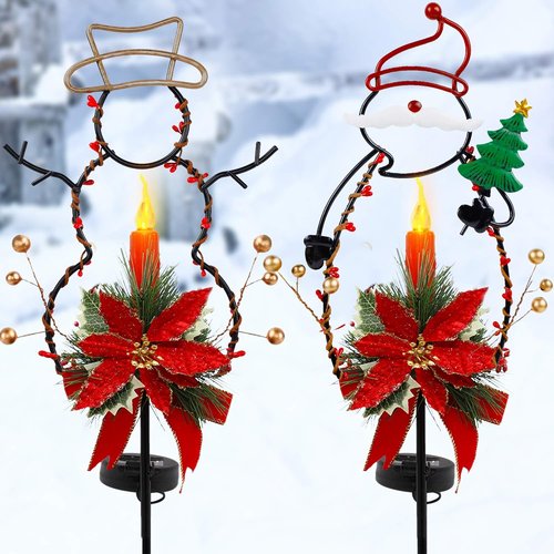 FORUP Solar Christmas Yard Decorations - LED Solar Powered Candle Pathway Lights | Set of 2 Snowman & Santa Ornaments