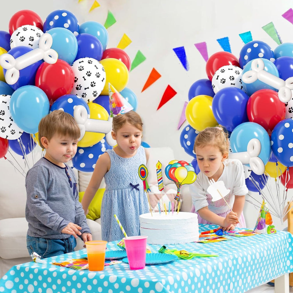 Skiennix 12-Inch Dog Balloons - 60 Pack in Royal Blue, Light Blue, Yellow & Red Paw Print for Puppy Birthday Party Decor