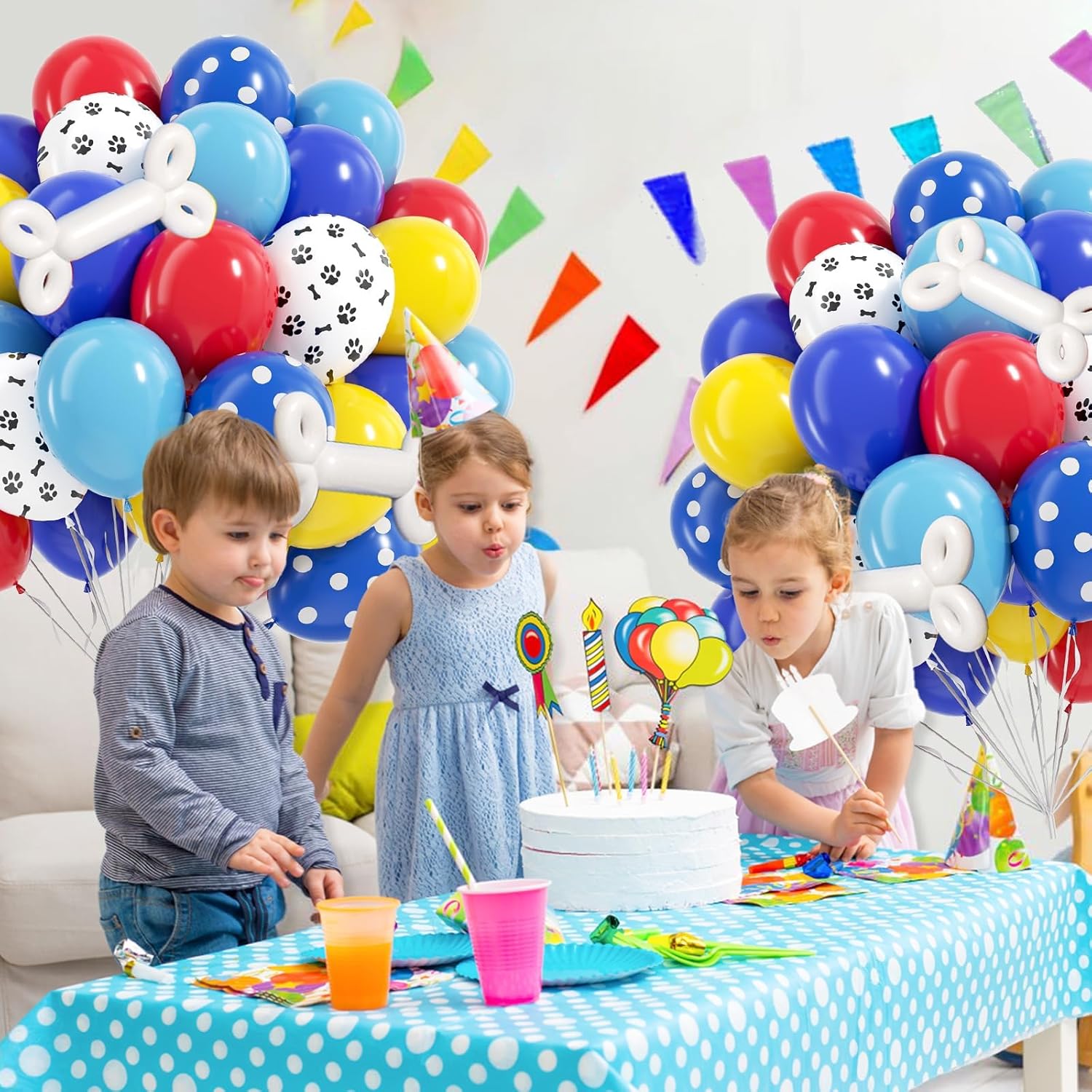 Skiennix 12-Inch Dog Balloons - 60 Pack in Royal Blue, Light Blue, Yellow & Red Paw Print for Puppy Birthday Party Decor