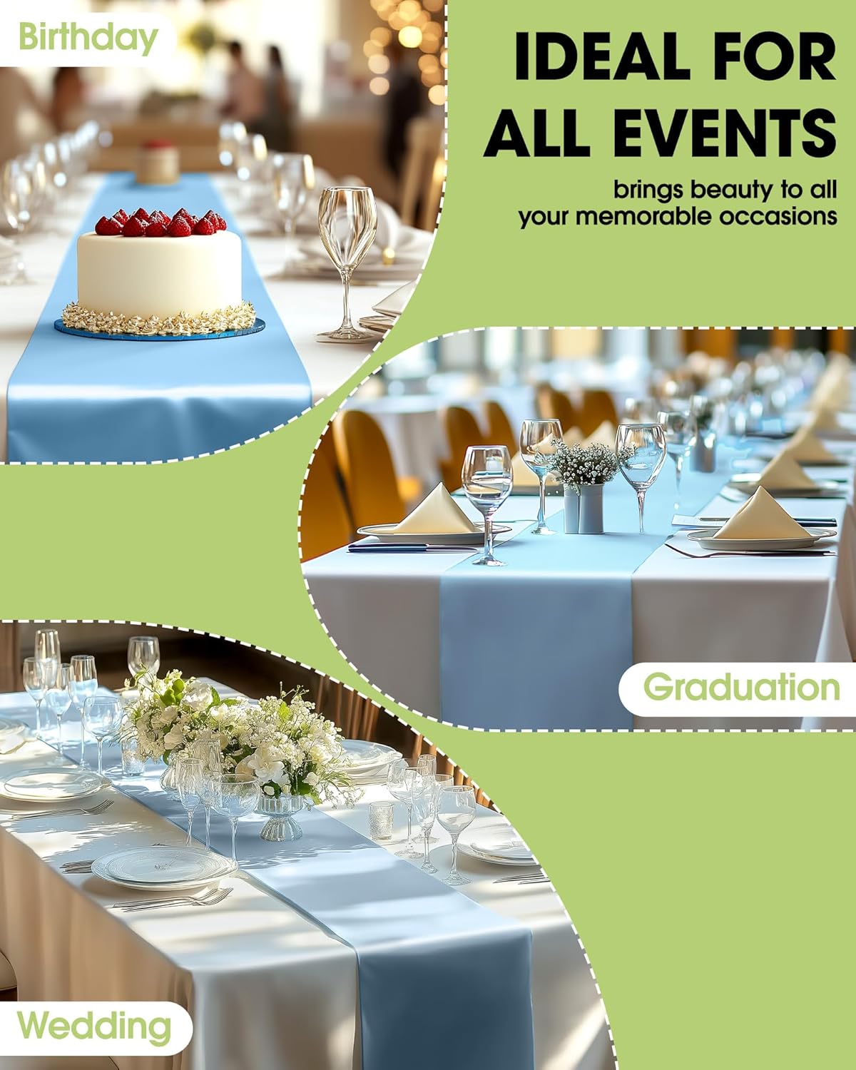 Pureegg Table Runners - Light Blue, 10 Pack, 14'' x 108'', Water Resistant & Disposable for Events