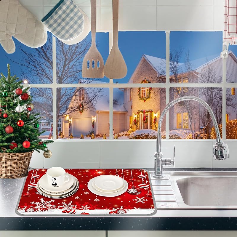Christmas Dish Drying Mat 18 x 24 Inch - Red Snowflake Ball Absorbent Kitchen Counter Mat