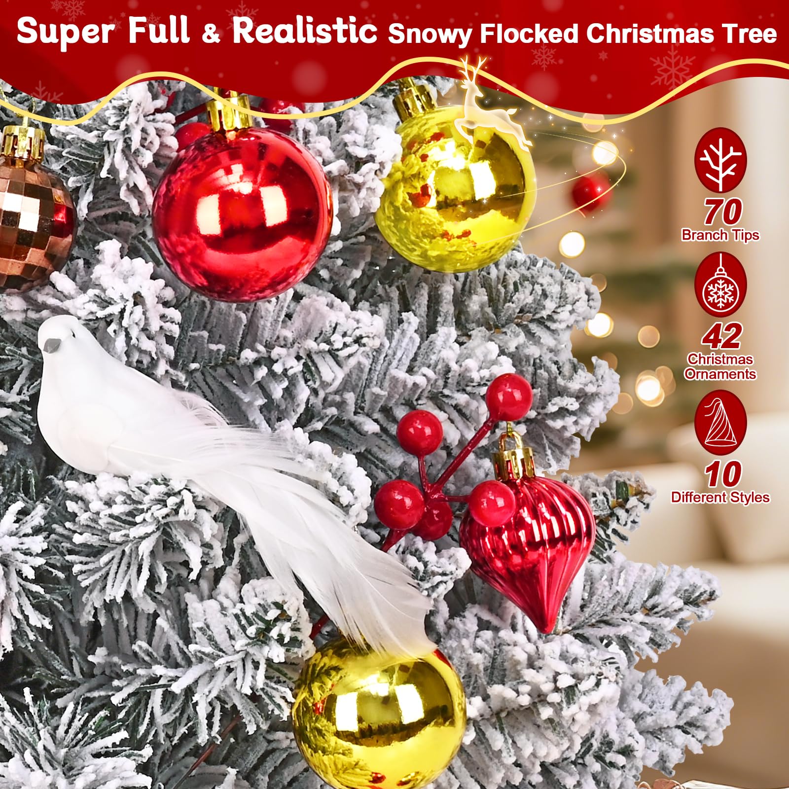 MARTINE MALL 2FT Small Christmas Tree with 30 LED Lights, Snowy Flocked Mini Christmas Tree Artificial Tabletop Xmas Trees with Cardinal Birds Red Bow Star Hanging Ornaments for Table Desk Small Space