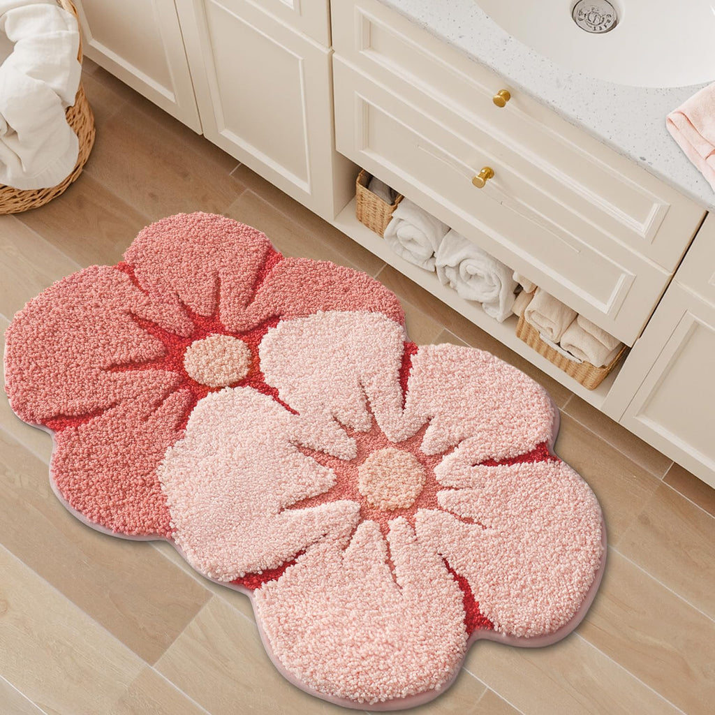 LUMI Flower Bath Rug, Funny Floral Bath Mat, Soft Plush Fluffy Red Rug, Absorbent, Non-Slip for Bathroom, Kitchen Sink, Bedroom, Kid's Bedroom, and Living Room, 20"x32", Bliss Pink