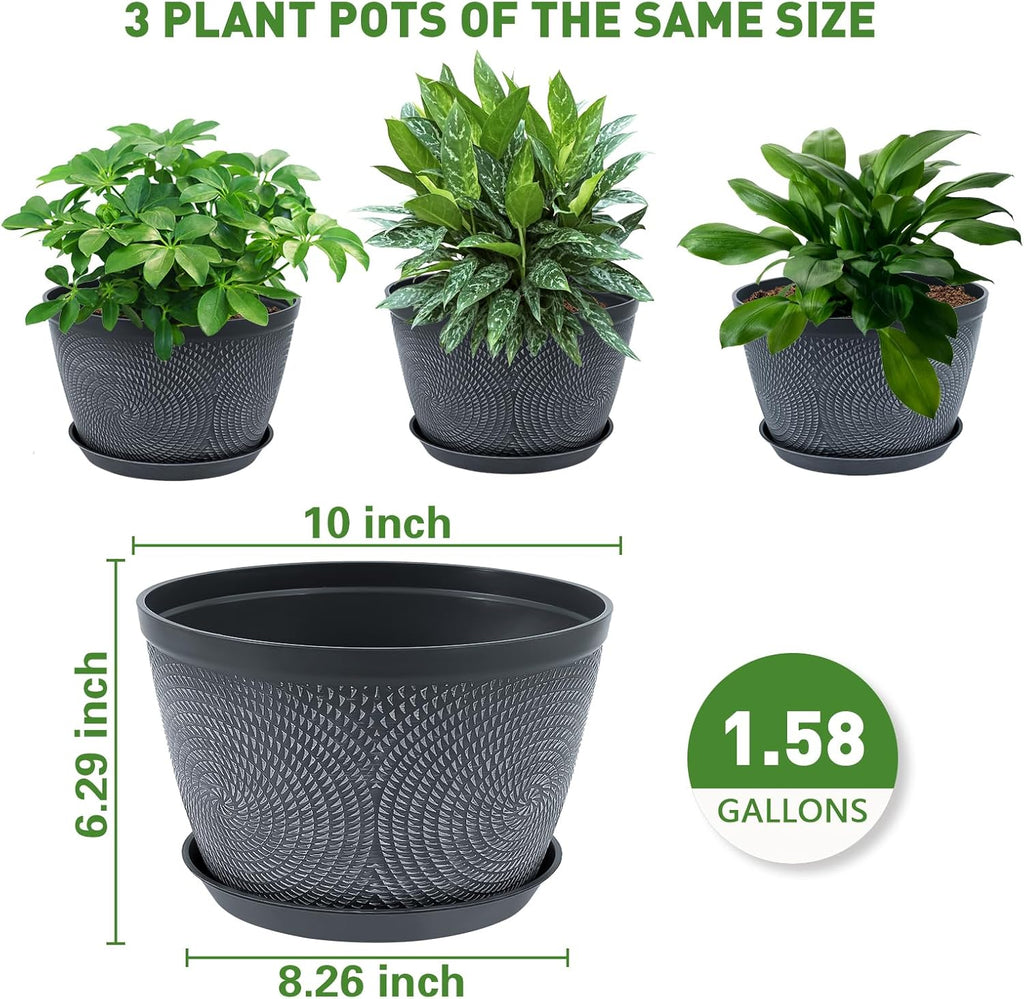 Quarut 10 Inch Flower Pots - 3 Pack Plastic Planters with Drainage Tray | Modern Gray Garden Pots