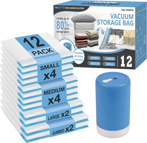 Cozy Essential Vacuum Storage Bags - Rechargeable Cordless USB Pump for Clothes & Bedding | 12-Piece Combo