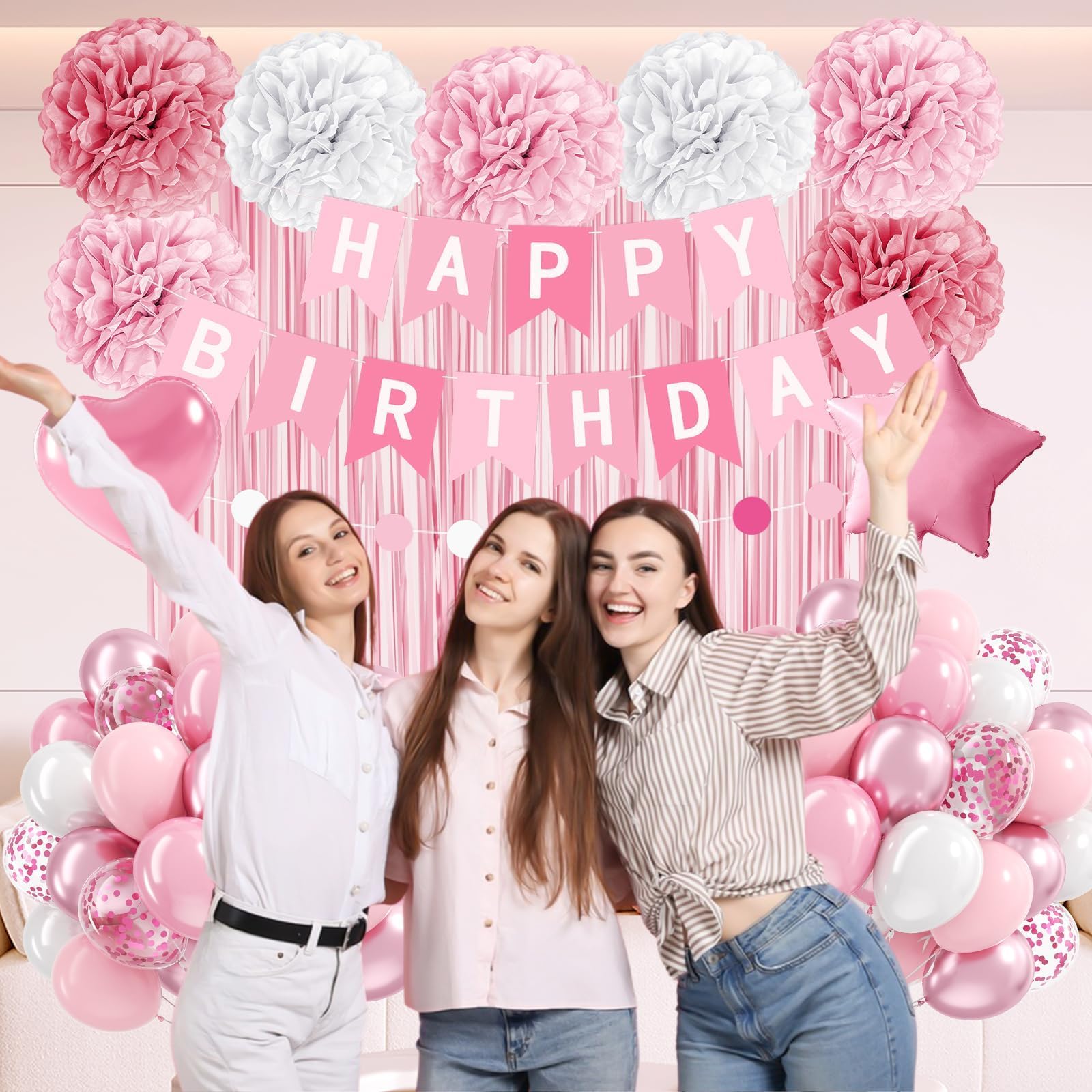 Pink Birthday Decorations with Pink Paper Pompoms Pearl White Balloons Banner Fringe Curtain for Birthday Decorations for Women