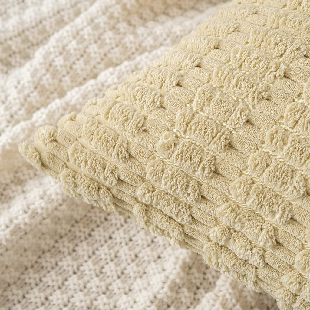 MIULEE Euro Sham Pillow Covers - Soft Boho Striped Corduroy | 24x24 Inch Beige Decorative Covers for Sofa & Bed