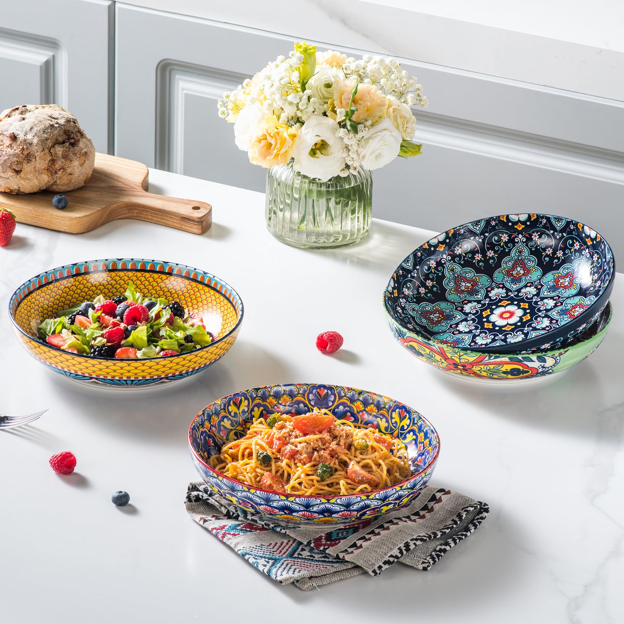 HENXFEN LEAD Pasta & Salad Bowls Set of 4, 45 oz Large Ceramic Serving Bowls – Colorful 9 Inch Wide & Shallow Bowls for Soup & Pasta, Microwave & Dishwasher Safe