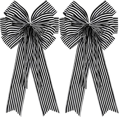 Hongsome Halloween Bows - 2 Pack Black & White Stripe Decor for Wreaths & Tree Toppers | 12” x 20”