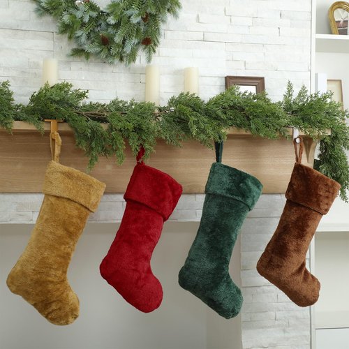 Hoosige 12 Pcs Christmas Stocking 18'' Bulk Thick Plush Fabric Hanging Christmas Stocking Decorations for Xmas Holiday Family Party Tree Fireplace Classic Ornaments (Red,Brown,Khaki,Dark Green)