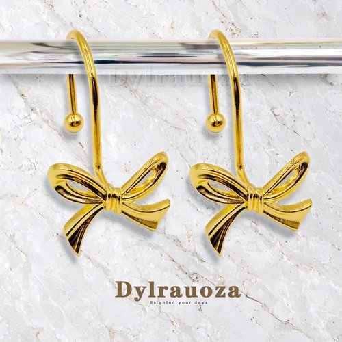 Dylrauoza Gold Shower Curtain Hooks, 12 Pack Bow Shower Curtain Rings, Decorative Metal Rust Proof Curtain Hangers with 3D Ribbon Design, Cute Coquette Bathroom Decor