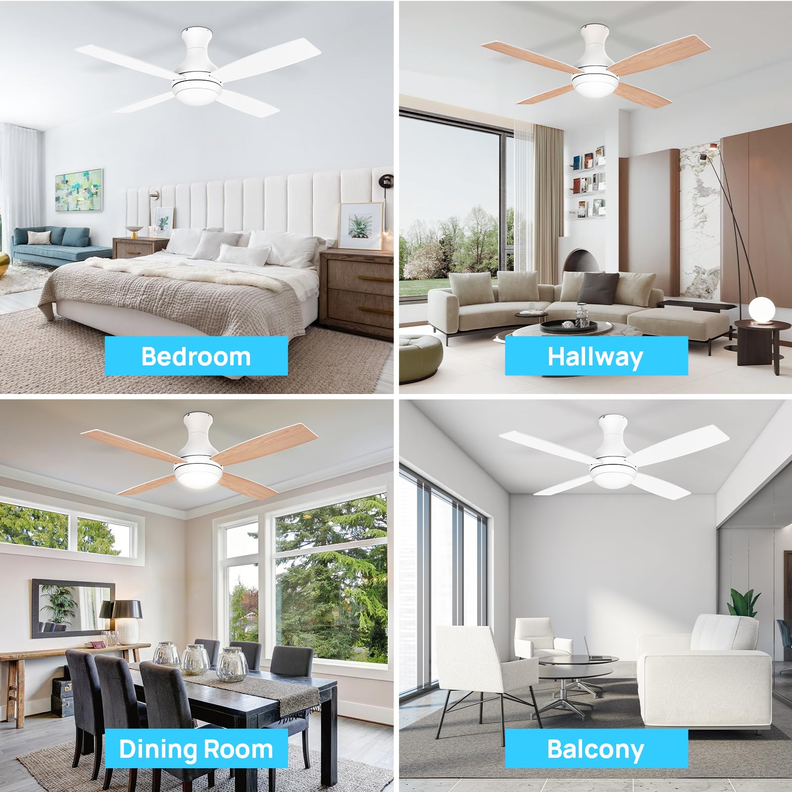 Consciot 52 inch Ceiling Fans with Lights Remote, Modern Ceiling Fan with Light, Dimmable 3 CCT, DC Motor, Easy Installation, Flush Mount for Bedroom Patio Living Room Kitchen Portico, Modern White