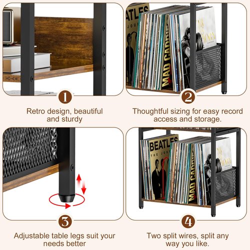Huxitocan Record Player Stand with Storage Up to 100 Albums and 40 CDs, 4 Tier Vinyl Record Storage for Living Room, Turntable Stand with Record Holder & Display Shelf