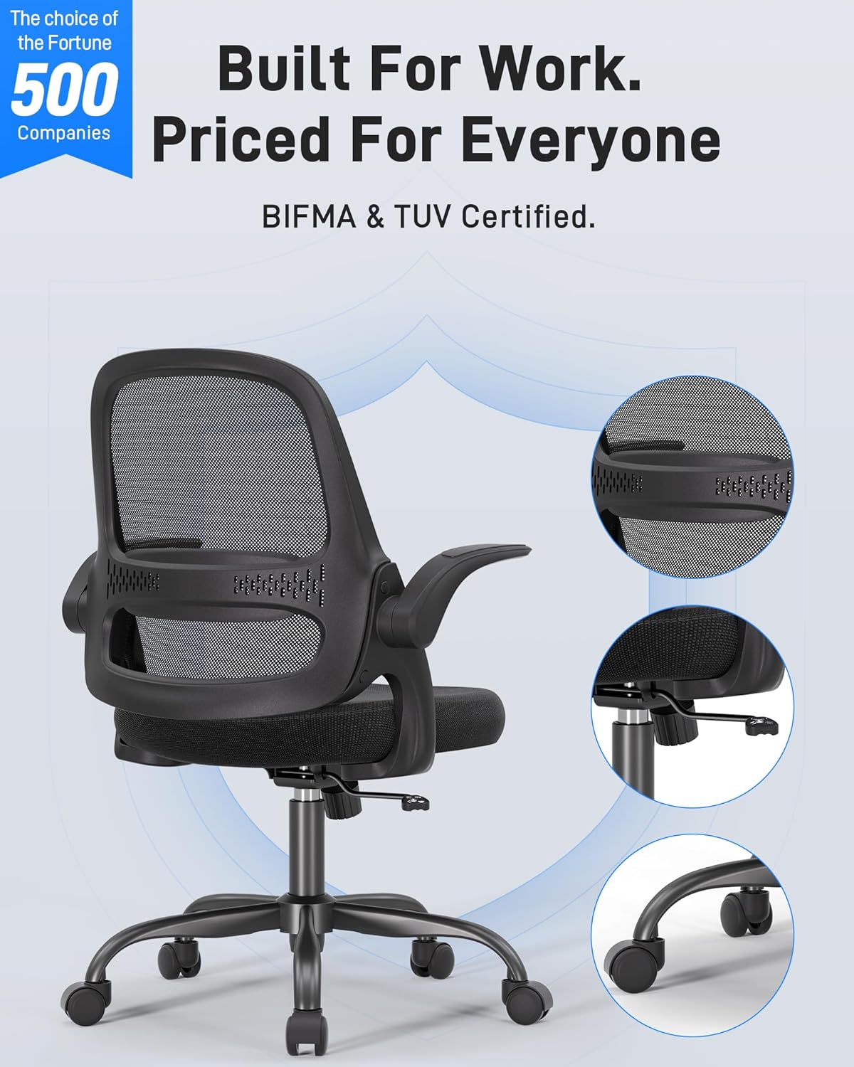 Skiennix Ergonomic Mesh Office Chair - Breathable Back, Flip-Up Arms & Thick Cushion | Supports 300 lbs (Black)