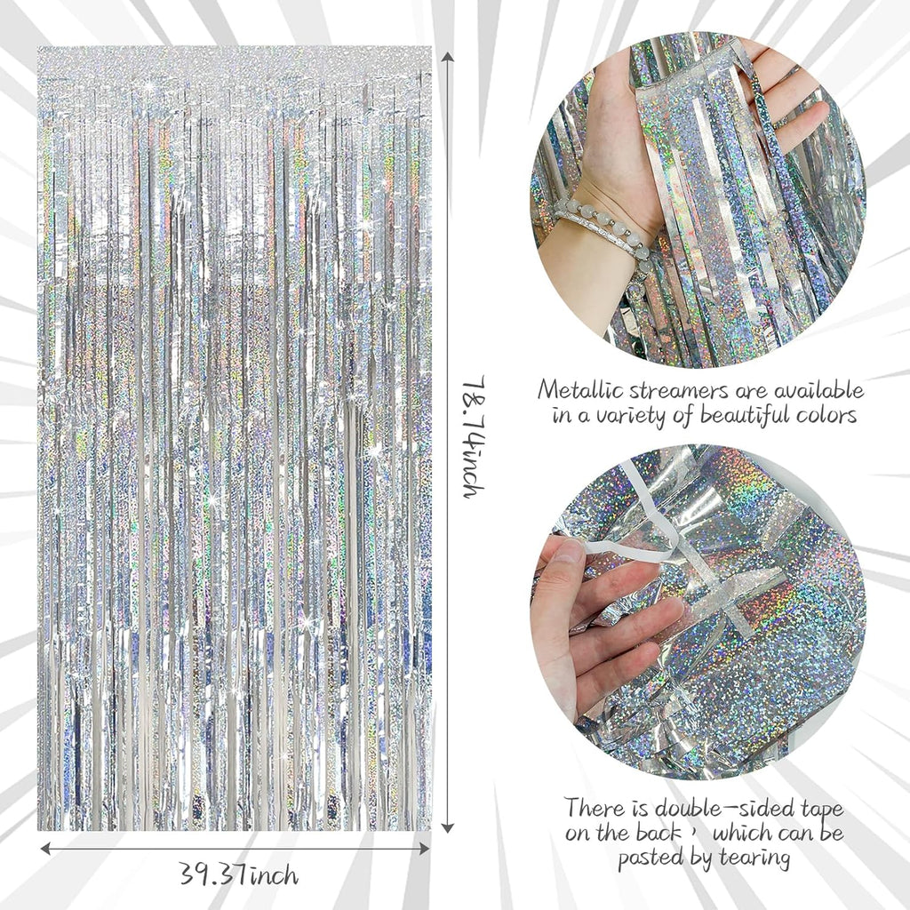 Regine Switzerland Tinsel Curtain Backdrop - Silver Glitter Foil Fringe for Parties | 10 Pack