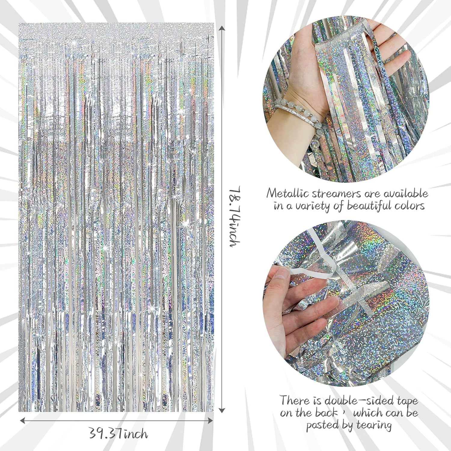 Regine Switzerland Tinsel Curtain Backdrop - Silver Glitter Foil Fringe for Parties | 10 Pack