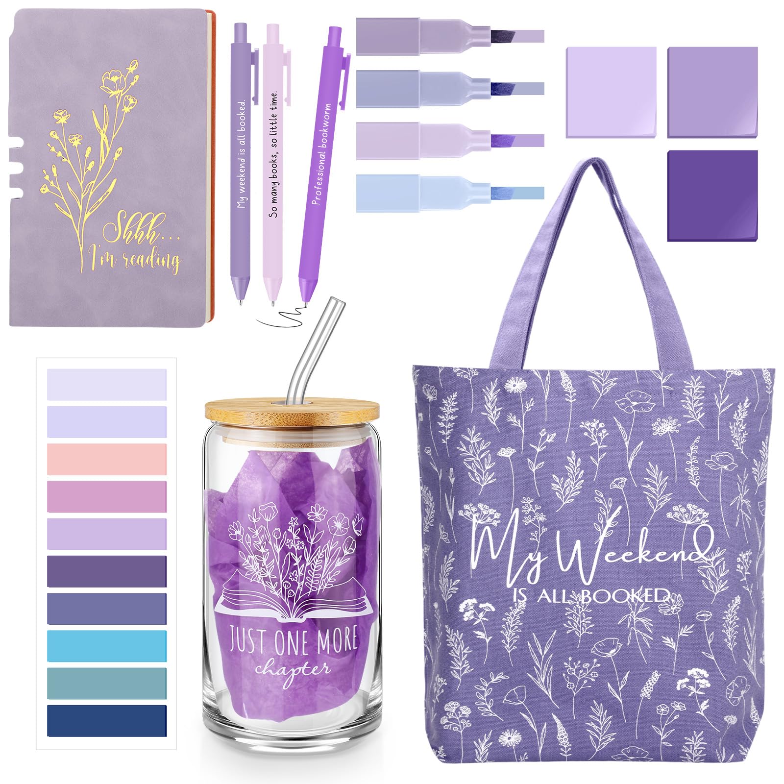 Havawish 14 Pcs Book Lovers Gifts for Women 16 oz Glass Cup Tote Bag A6 Journal Notebook Ballpoint Pens Highlighters Sticky Notes for Library Reader Bookworm Book Club(Purple,Aesthetic)