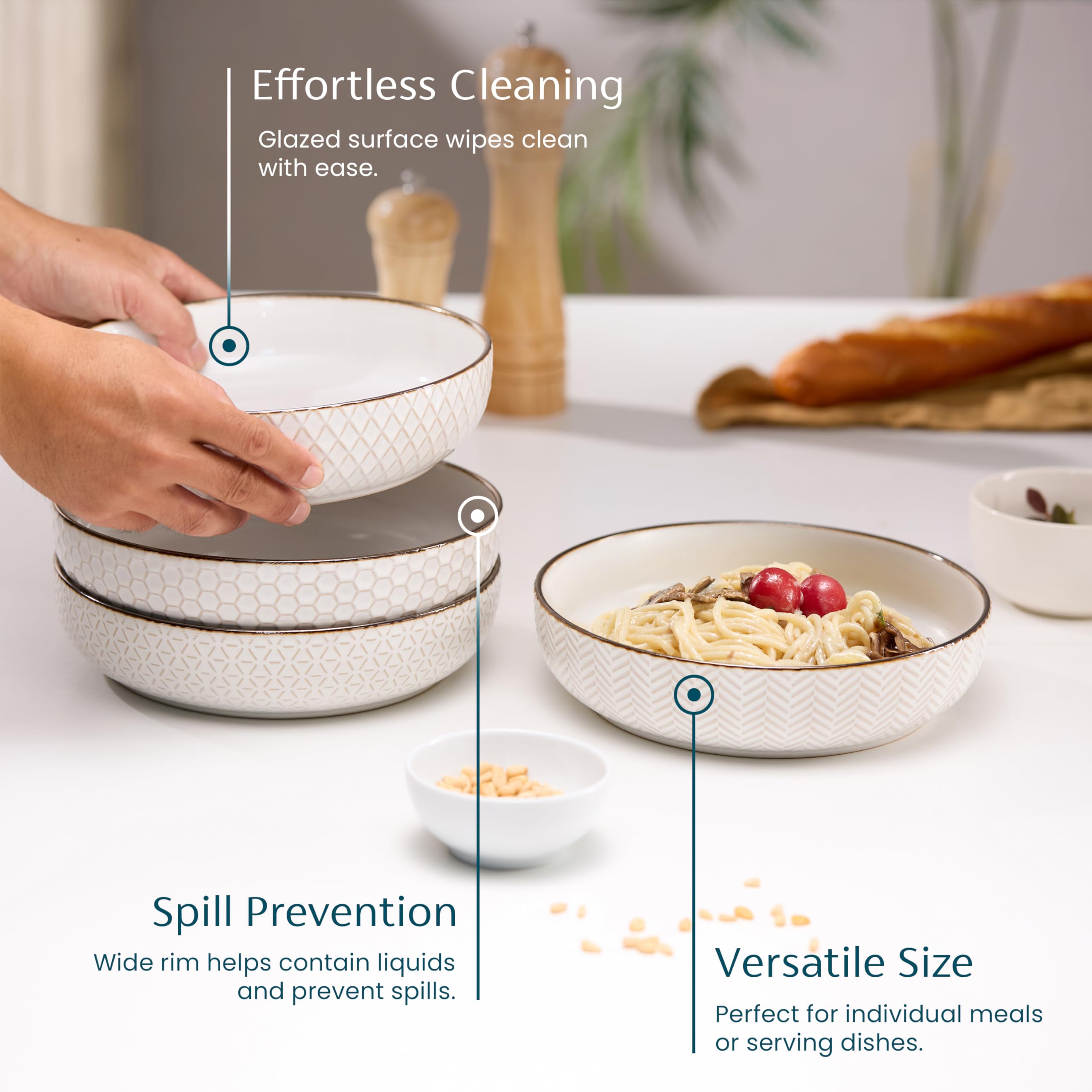 KooK Pasta Bowls, Ceramic, Embossed Serving Bowls For Stews and Salads, Large Capacity, Microwave & Dishwasher Safe, Ivory with Dark Copper Accents, Set of 4, 40 oz, Narbonne Collection