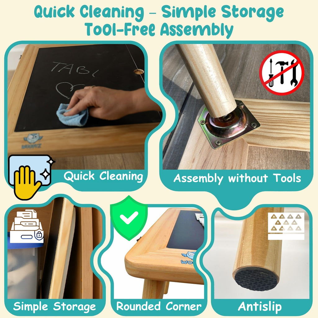 Woodyz - Evolving Sensory Table For Toddlers with Chairs & Foldable Bins - Indoor Kids Arts And Crafts Table - Play a Montessori Activity with Sand - Book/Tablet Holder- (Paper & Accessories included)
