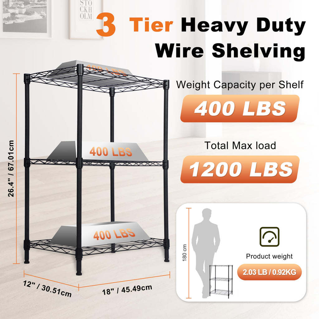 Whitmor 3 Tier Storage Shelves, Heavy Duty Metal Shelving, 400 lbs Capacity per Shelf, 1200 lbs Total, Easy Assembly for Kitchen, Garage, Plant, 18" L x 12" W x 26.4" H, Black
