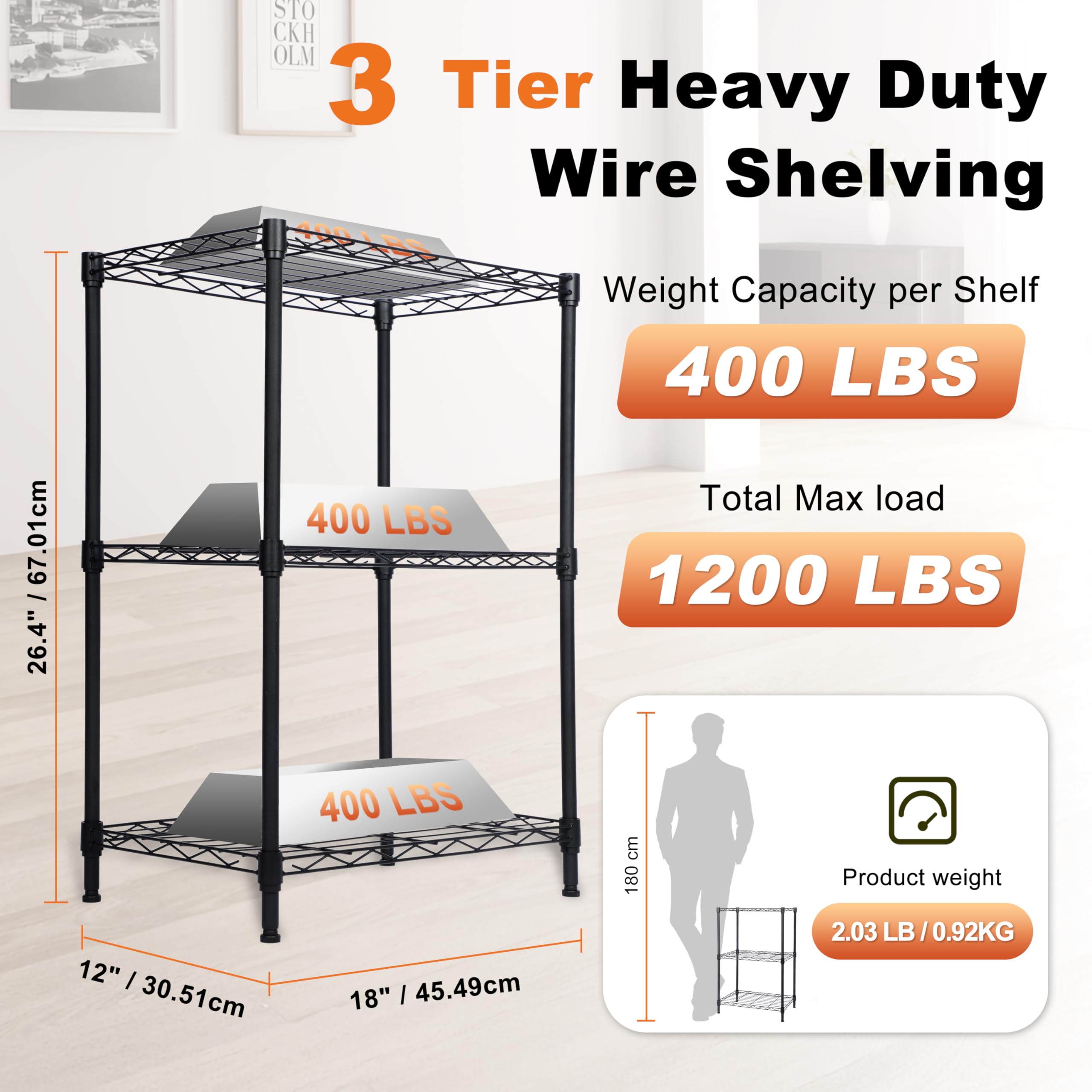 Whitmor 3 Tier Storage Shelves, Heavy Duty Metal Shelving, 400 lbs Capacity per Shelf, 1200 lbs Total, Easy Assembly for Kitchen, Garage, Plant, 18" L x 12" W x 26.4" H, Black