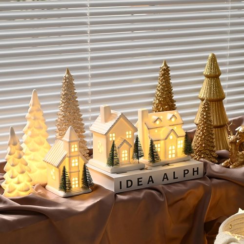 AOMOONOA Ceramic Christmas Village Houses - 3-Piece Light-Up Porcelain Set with 6 Trees | Holiday Home Decor